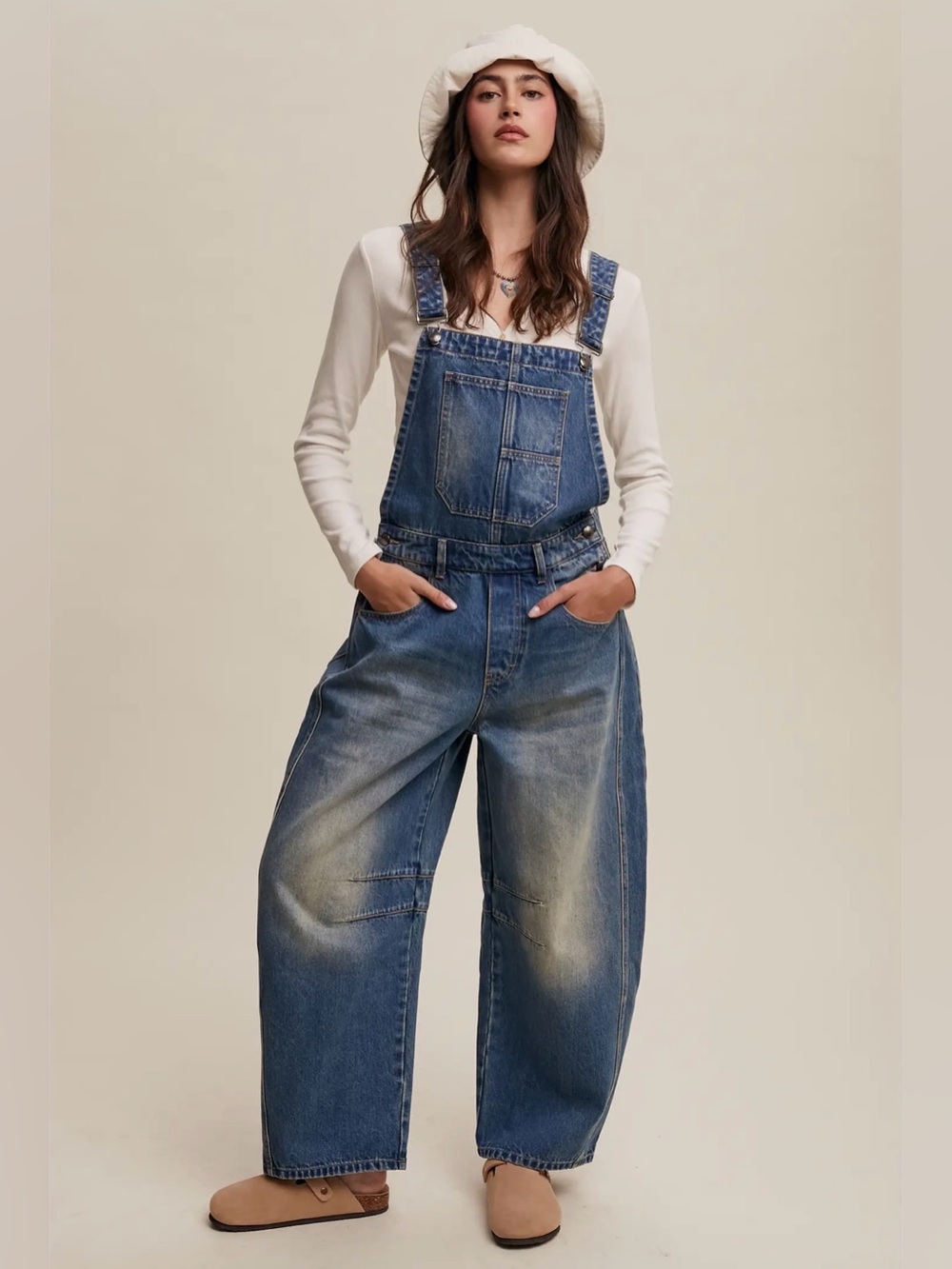 Barrel Leg Denim Overalls in Medium Blue